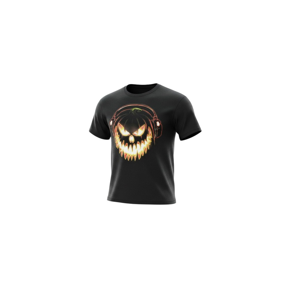 Halloween Graphic T-Shirt Boys XL Black Pumpkin Headphones Spooky Tee